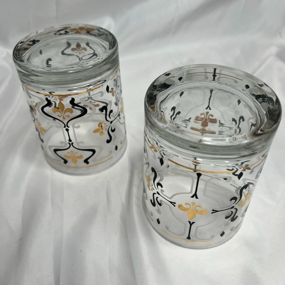 🥃 2 Lowball Rocks Old Fashioned Glasses Black Gold Fleur-de-lis vintage EUC MCM - Picture 5 of 16